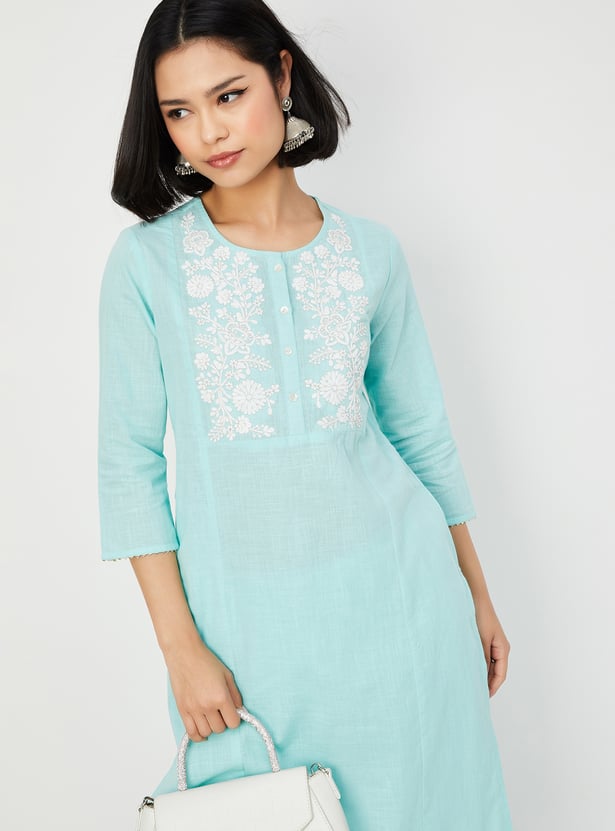 Women Blue Embroidered Straight Kurta Trousers Set