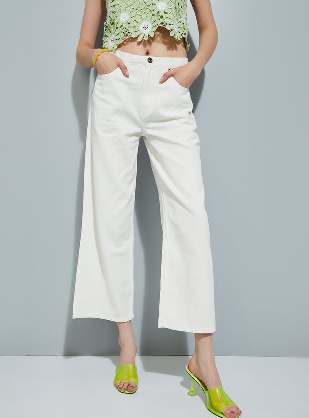 Women Solid Wide Leg Jeans