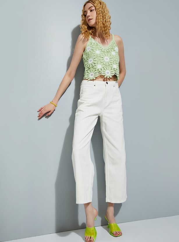 Women Solid Wide Leg Jeans