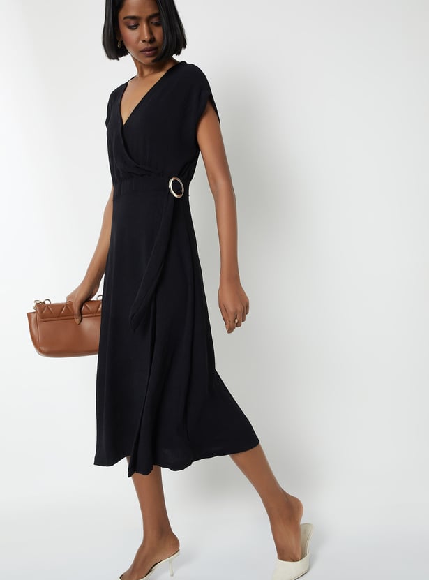 Women Solid Wrap Midi Dress