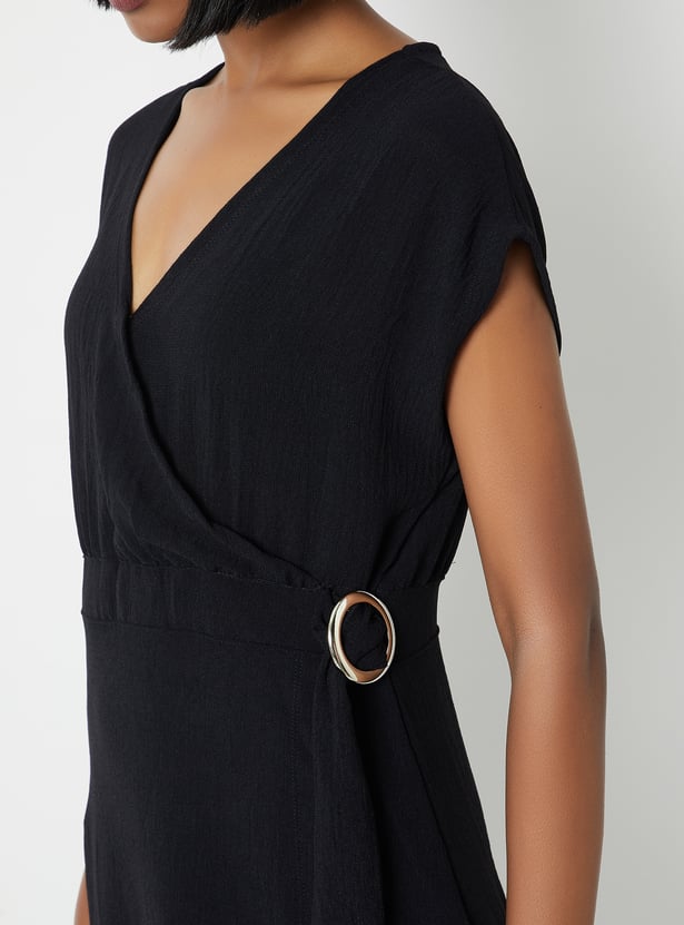 Women Solid Wrap Midi Dress
