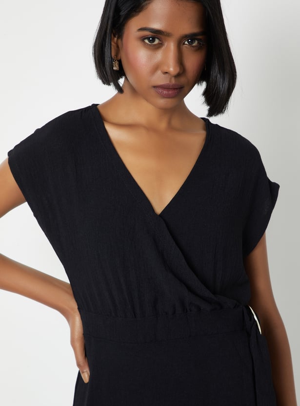 Women Solid Wrap Midi Dress