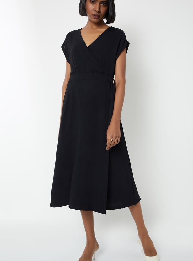 Women Solid Wrap Midi Dress