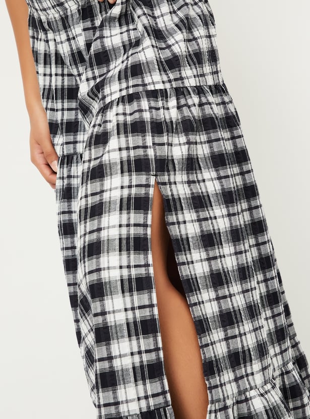 ALAYA F x URB_N Women Checked Slit Tiered Skirt