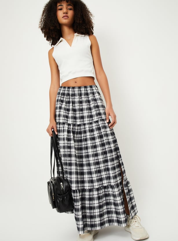 ALAYA F x URB_N Women Checked Slit Tiered Skirt