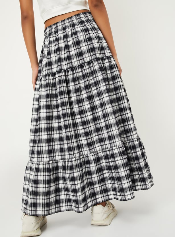 ALAYA F x URB_N Women Checked Slit Tiered Skirt