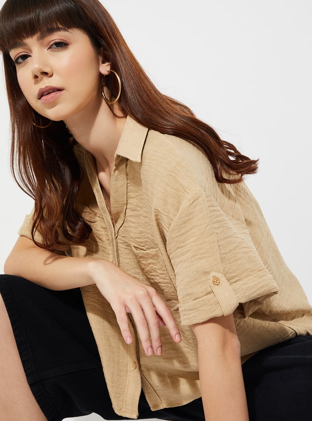 URB_N Women Textured Boxy Fit Crop Shirt