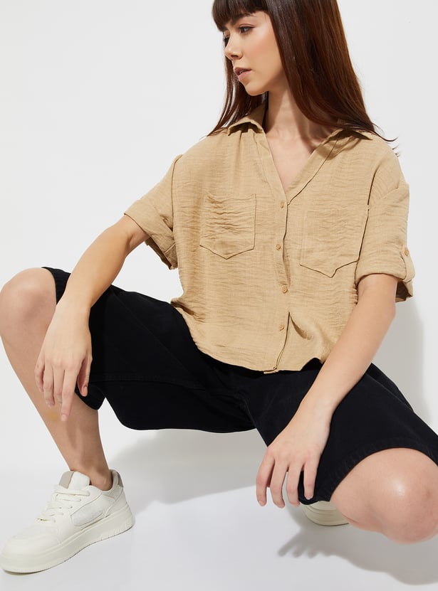 URB_N Women Textured Boxy Fit Crop Shirt
