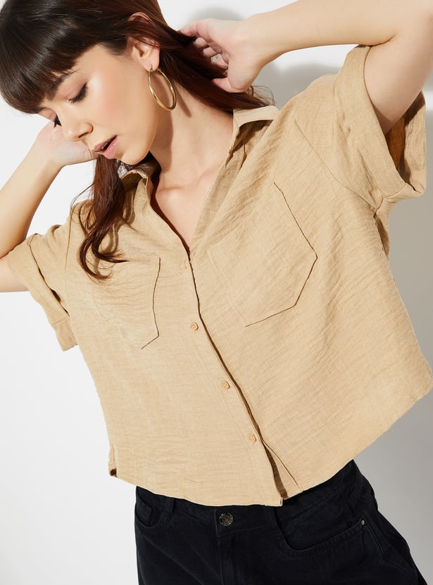 URB_N Women Textured Boxy Fit Crop Shirt