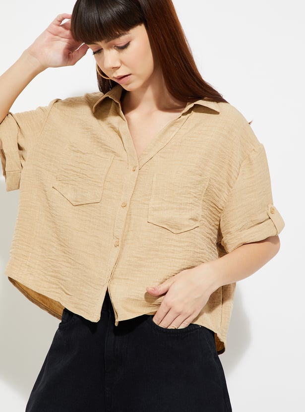 URB_N Women Textured Boxy Fit Crop Shirt