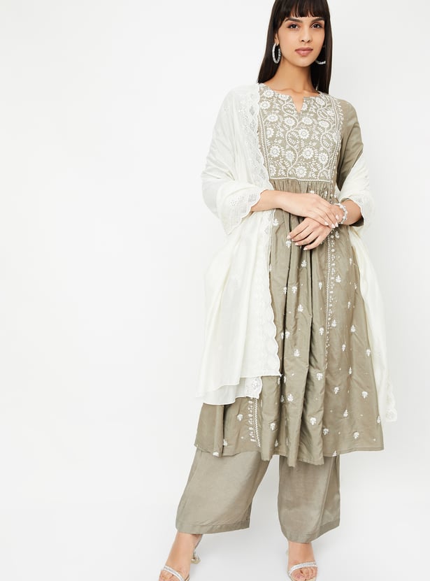 Brown Designer Embroidered Ethnic A-Line Kurta Set with Pants & Dupatta