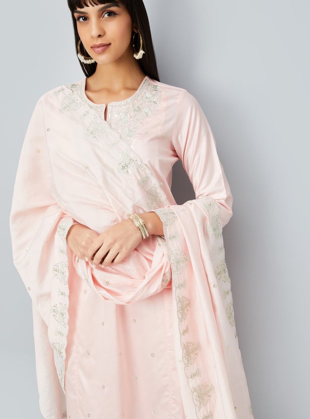 Women Grey Embroidered Straight Kurta Trousers Set main image 1