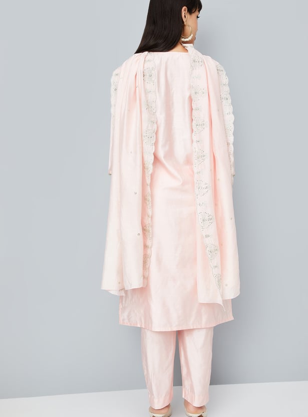 Pink Embroidered Straight Kurta Trousers Set main image 0
