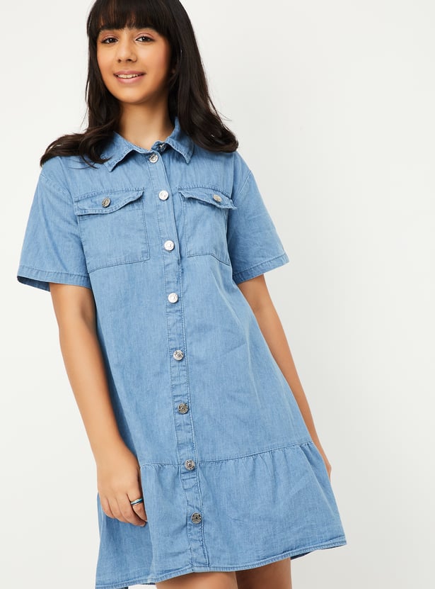 Girls Solid Denim Dress