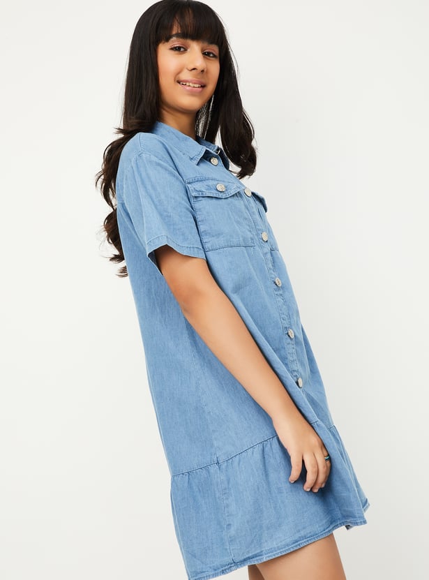 Girls Solid Denim Dress