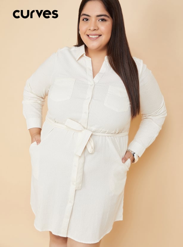 Women Seersucker Belted Shirt Dress