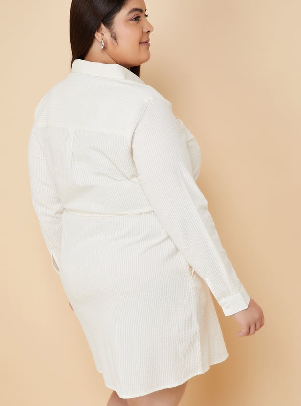 Women Seersucker Belted Shirt Dress