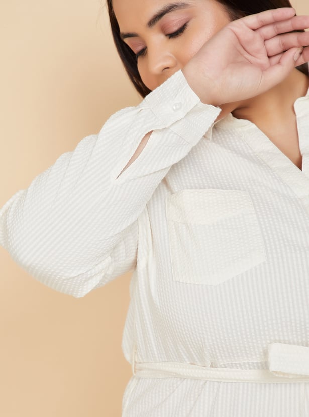 Women Seersucker Belted Shirt Dress