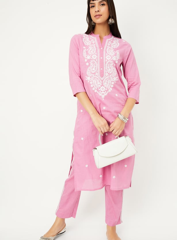 Women Burgundy Embroidered Straight Kurta Trousers Set main image 1