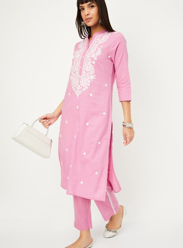 Women Burgundy Embroidered Straight Kurta Trousers Set main image 0