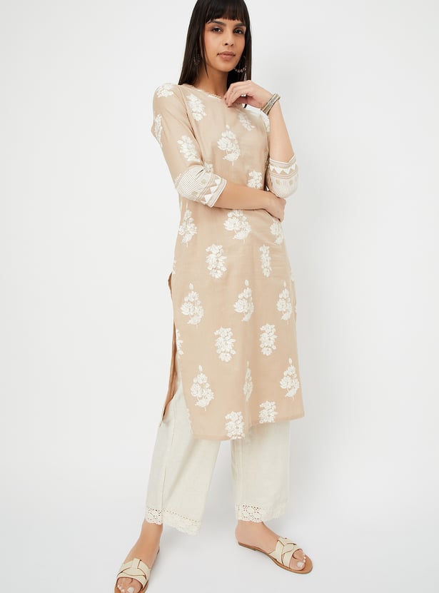 Dark Brown Floral Printed Straight Kurta main image 0