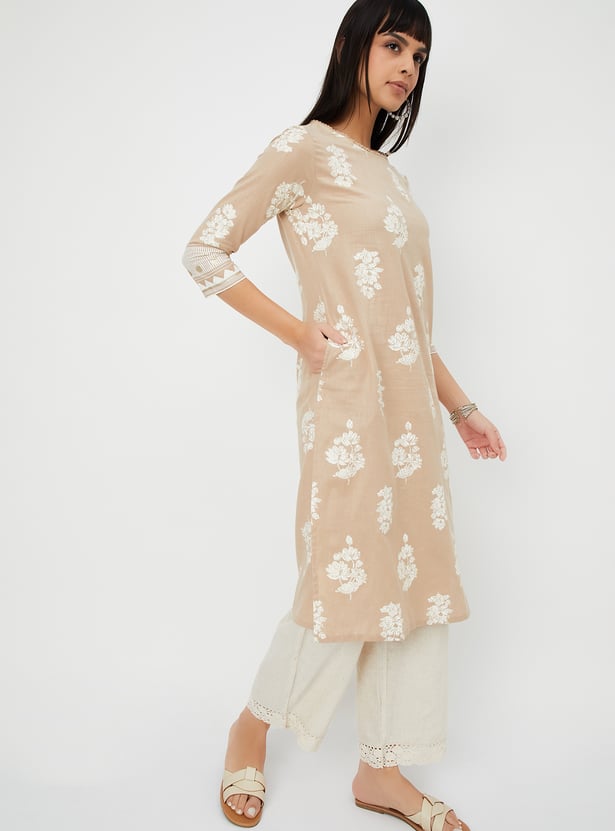 Women Floral Print Sleeveless Straight Kurti