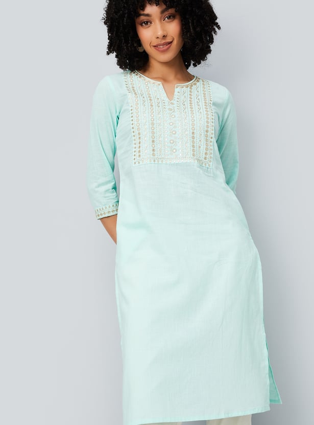 Women Yoke Embroidered Straight Kurta