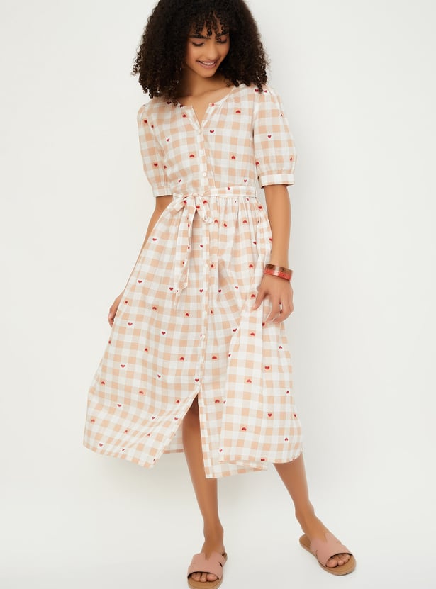 Women Checked A-line Belted Dress