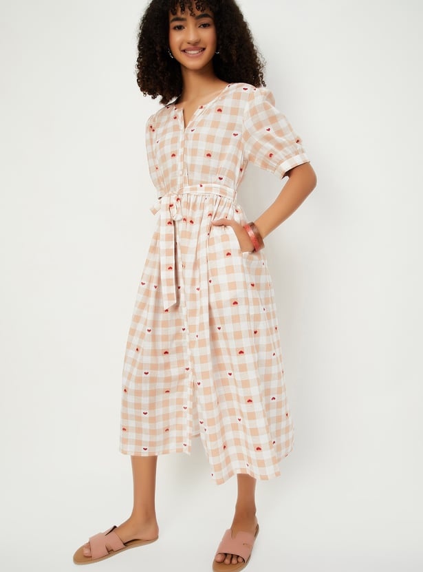Buy Women Checked A-line Belted Dress Online at just Rs. 999.0
