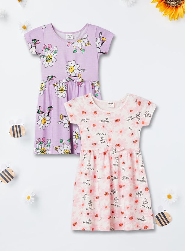 Girls Printed Floral Print Dress - Pack of 2