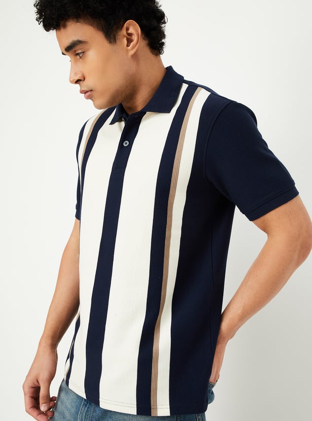 Men Striped Knit Polo T-shirt