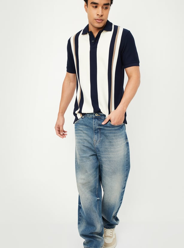 Men Striped Knit Polo T-shirt