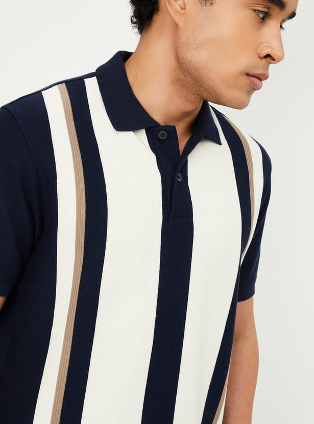 Men Striped Knit Polo T-shirt