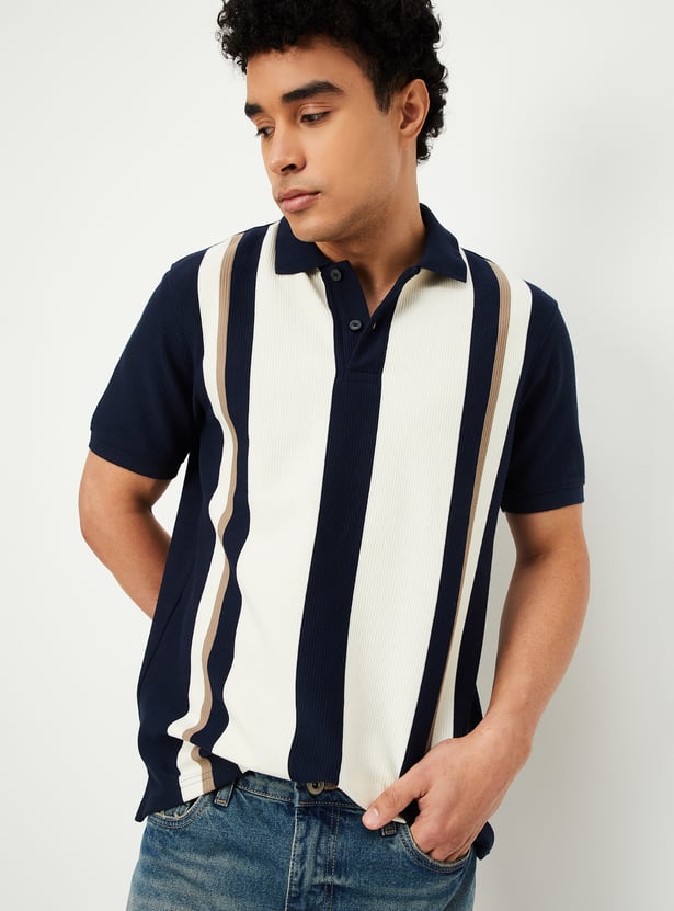 Men Striped Knit Polo T-shirt