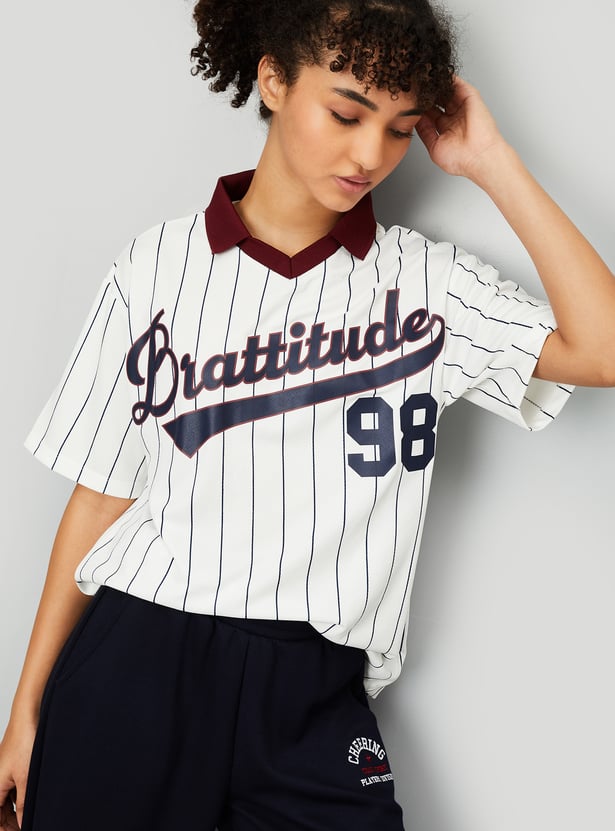 Women Striped Oversized Sports Polo T-shirt