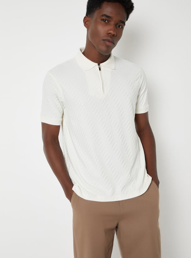Buy Men Textured Regular Fit Polo T-shirt Online at just Rs. 799.0