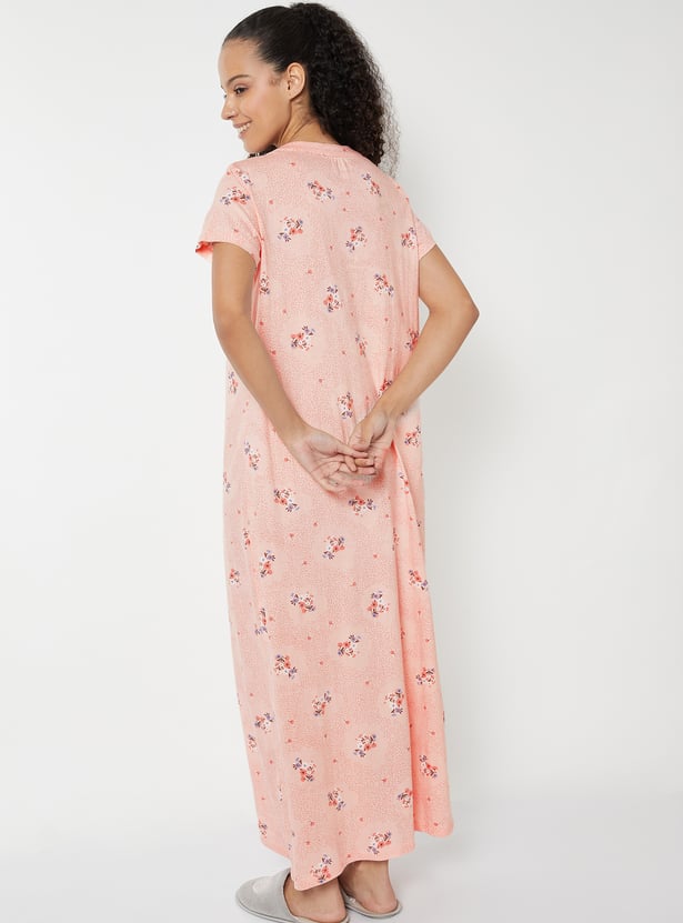 Women Floral Print Maxi Night Gown