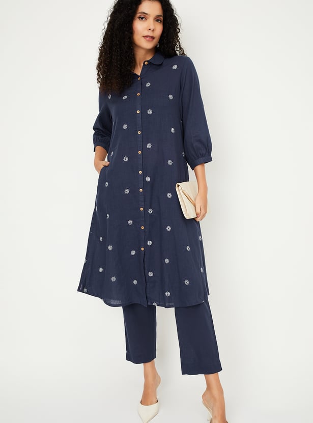 Women's Cotton Blend Embroidered Straight Kurta Set