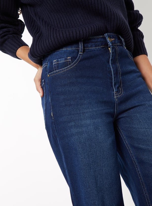 Women Washed High Rise Wide Leg Jeans