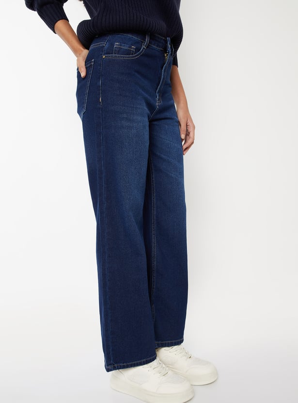 Women Washed High Rise Wide Leg Jeans