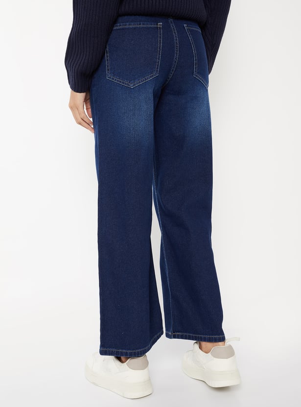 Women Washed High Rise Wide Leg Jeans