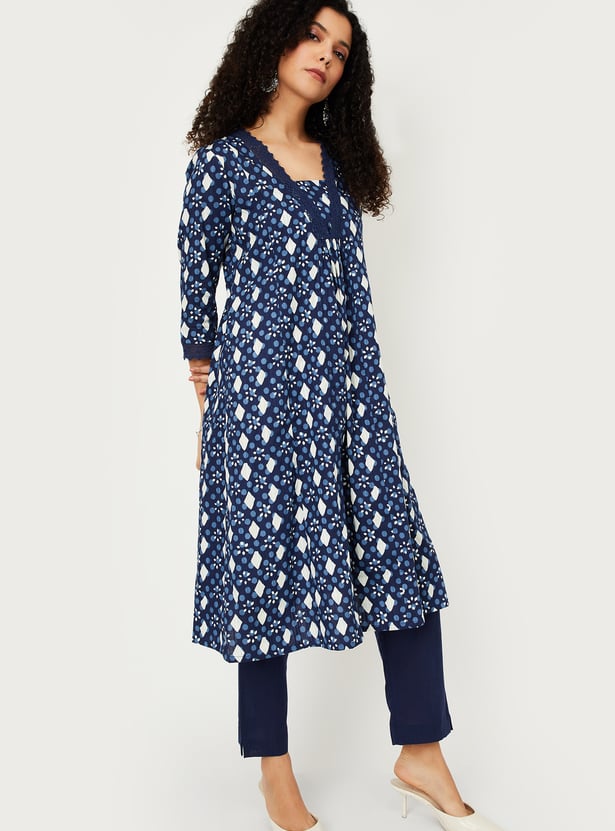 Women  Purple Printed A-Line Kurta Trousers Set