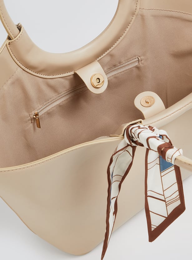 Women Solid Handheld Bag with Scarf Detail