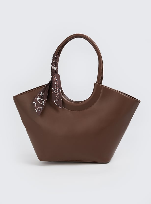 Women Solid Handheld Bag with Scarf Detail