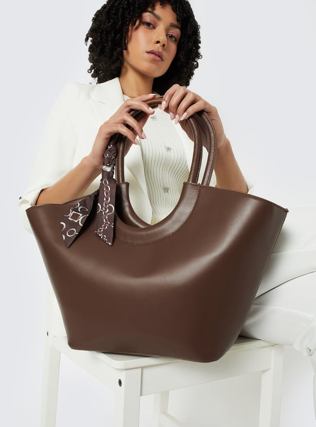 Women Solid Handheld Bag with Scarf Detail