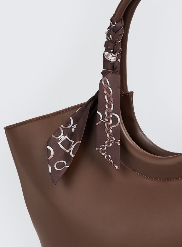 Women Solid Handheld Bag with Scarf Detail