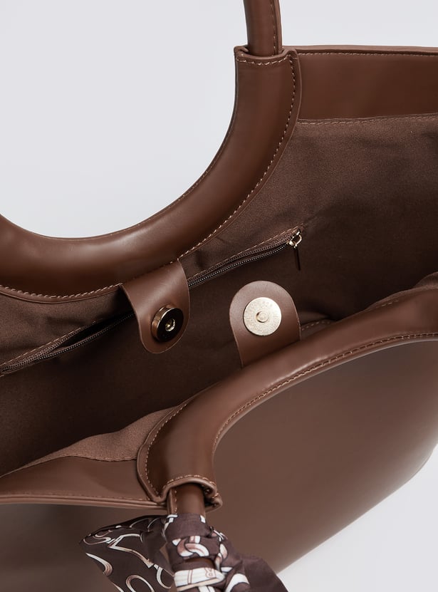 Women Solid Handheld Bag with Scarf Detail