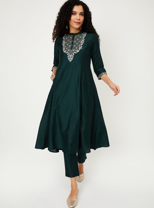 Women Orange Embroidered A-Line Kurta Trousers Set