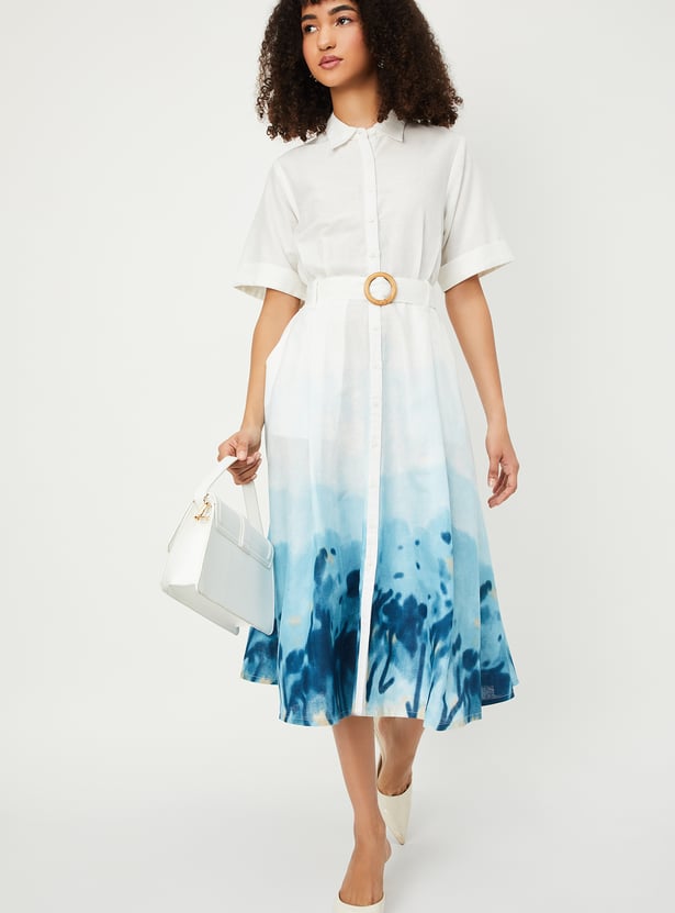 Women Floral Print Belted Shirt Dress