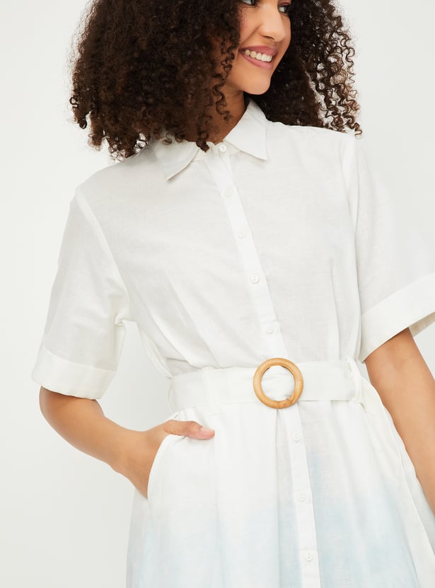 Women Floral Print Belted Shirt Dress